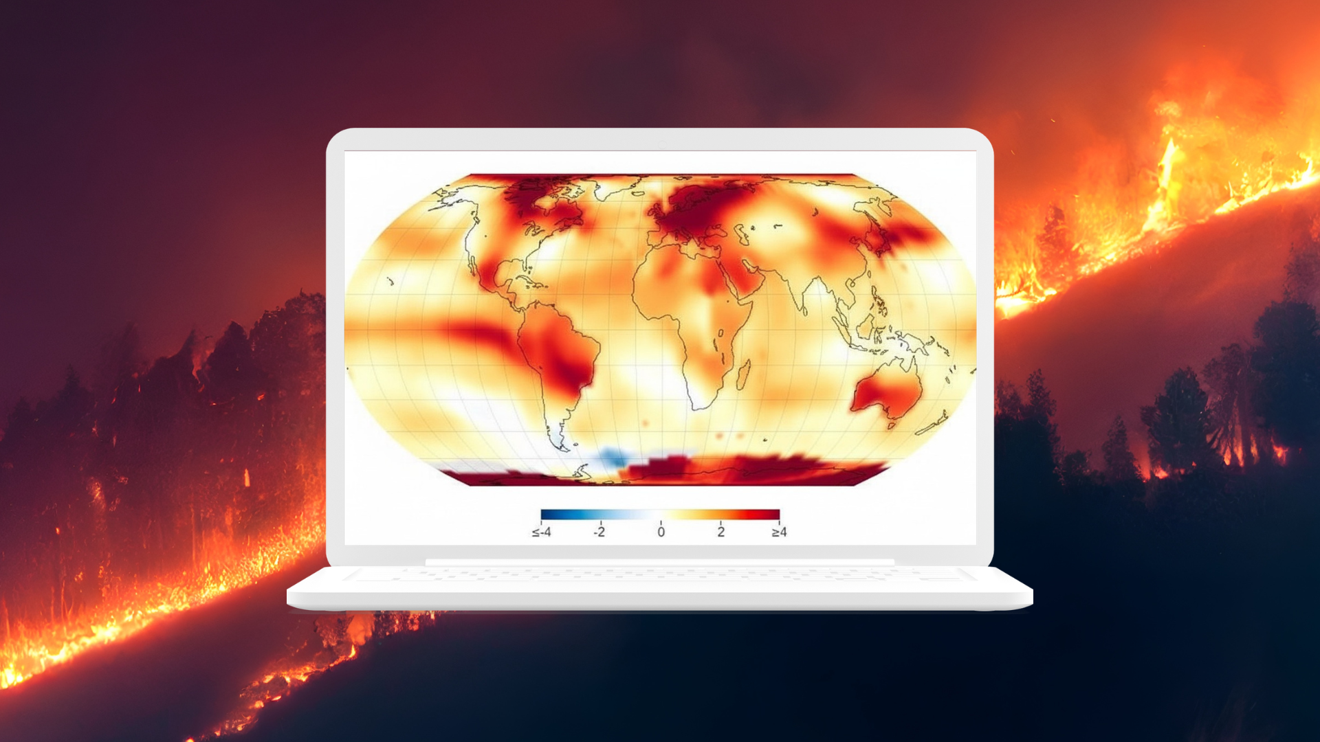 A graphic of a wildfire with a computer in the foreground showing a weather model