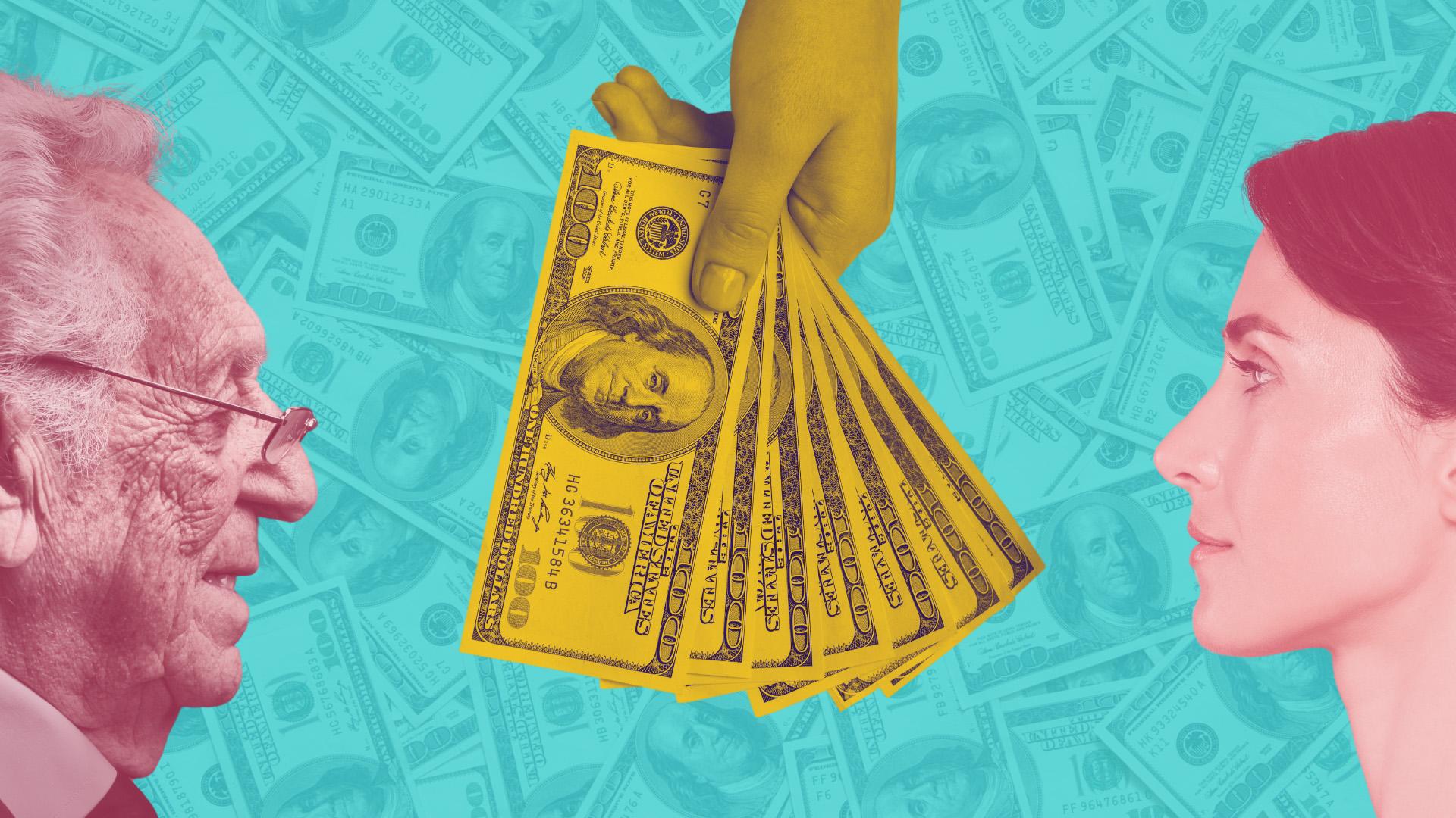 A graphic of two people facing each other with a hand holding money in between them