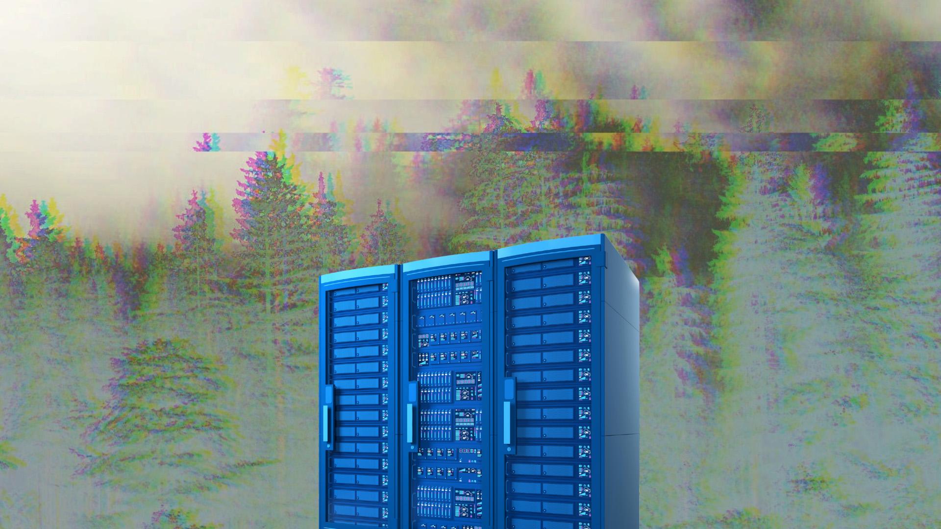 A graphic of a data center with a blurred image of a forest in the background