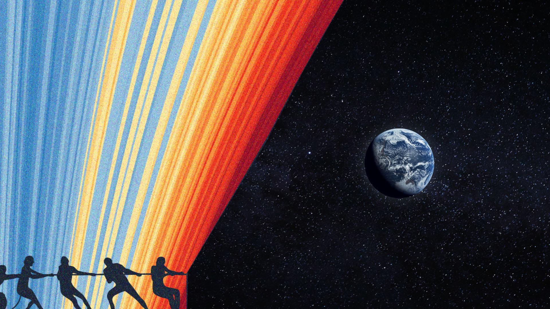 A graphic of people pulling back climate stripes to reveal Earth