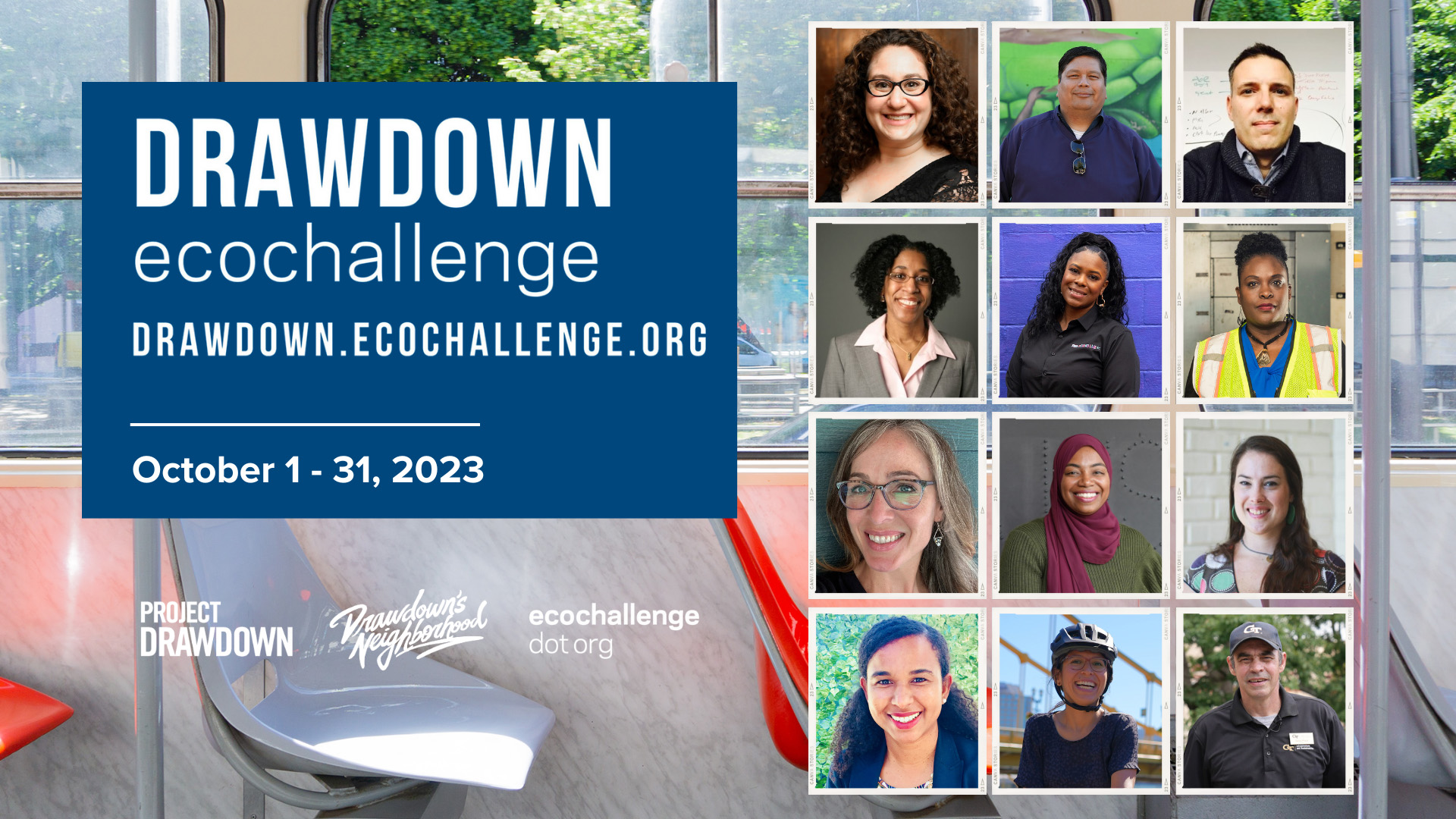 A poster for the Drawdown Ecochallenge with images of featured speakers in the upcoming related webinar series