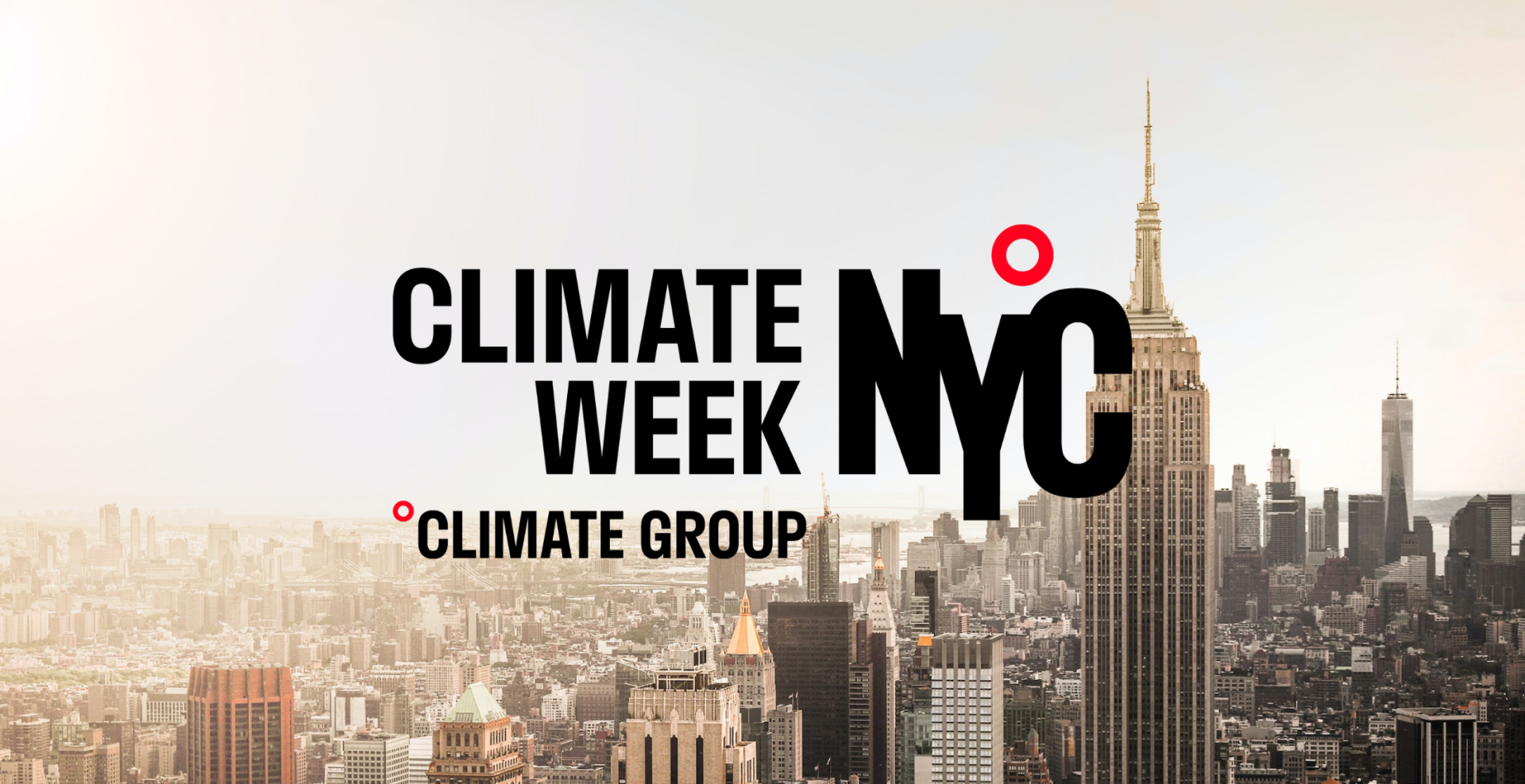 An aerial view of the New York City skyline with the Climate Week NYC logo overlaid