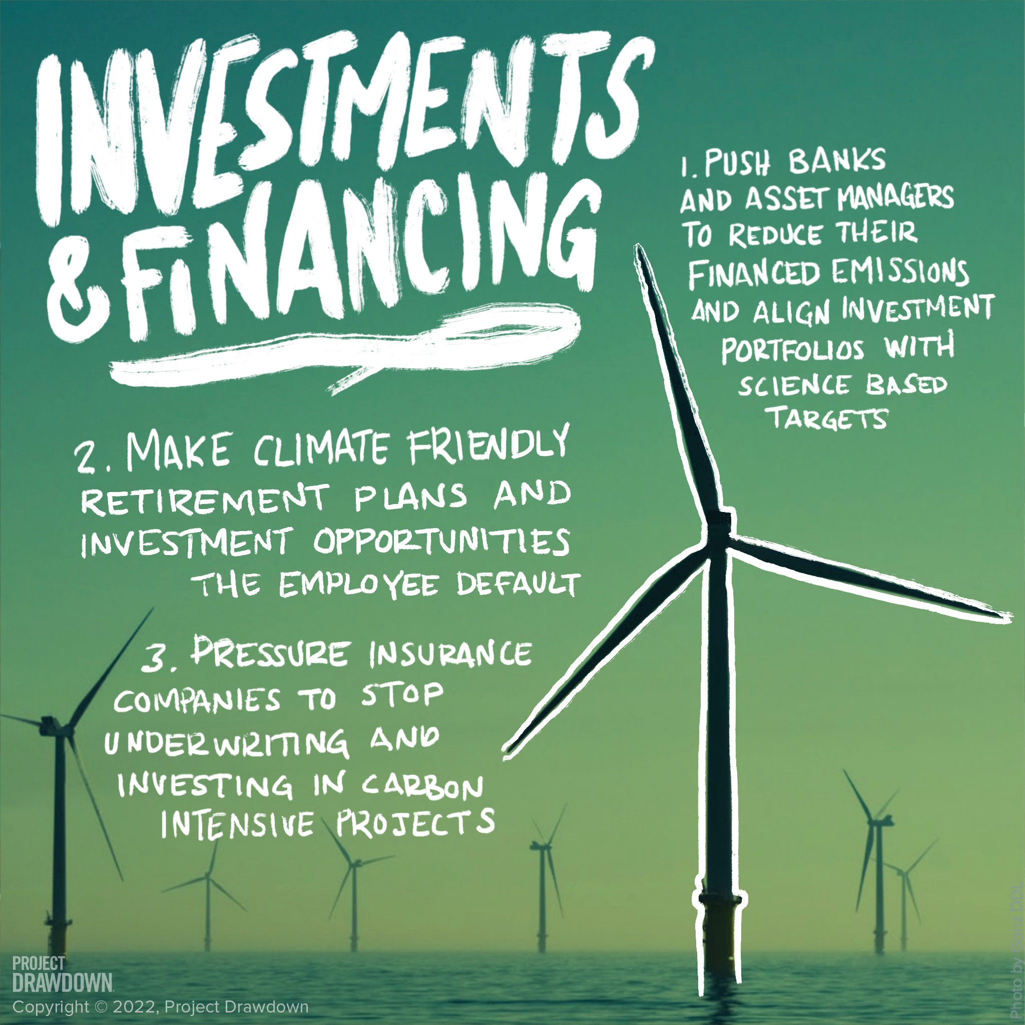 Titled: Investments and Financing, background image of a wind turbine