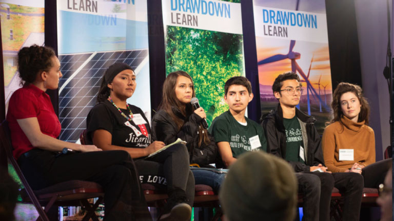 Students and teachers on a speaking panel at the Drawdown Learn conference.