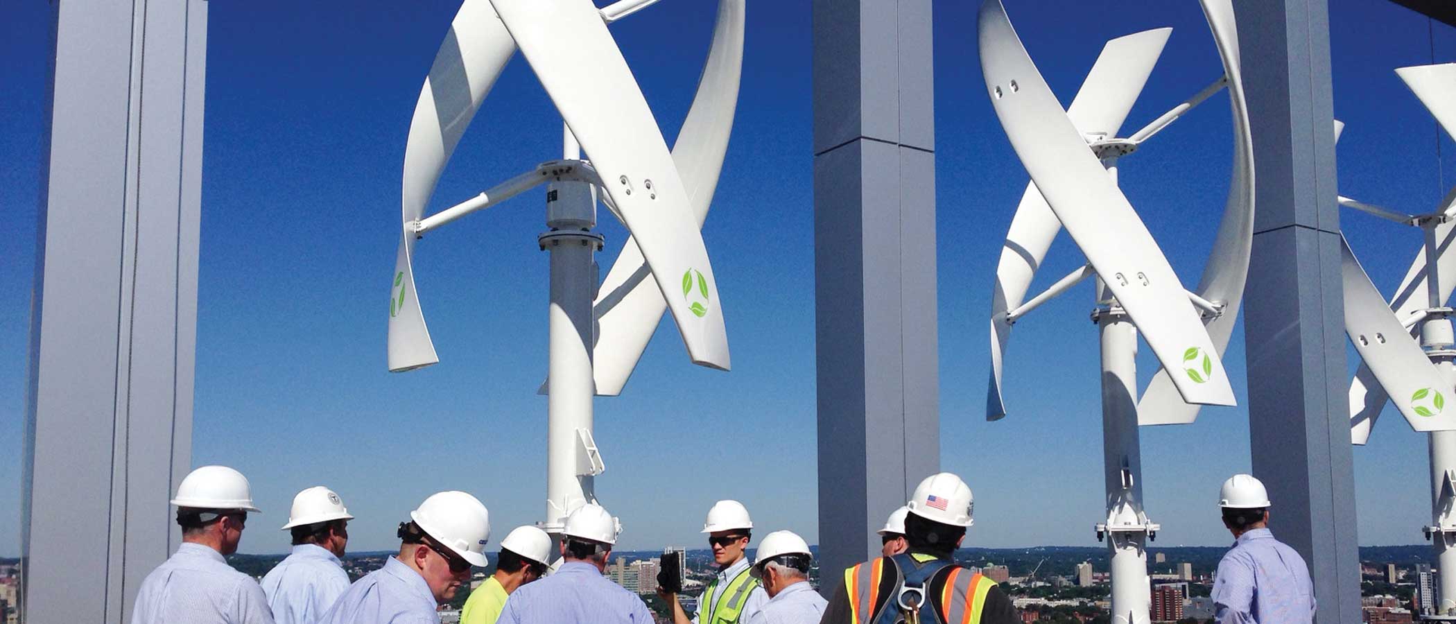 Micro wind turbines atop a building.