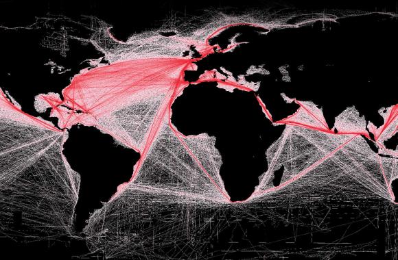 Map of global commercial shipping routes.